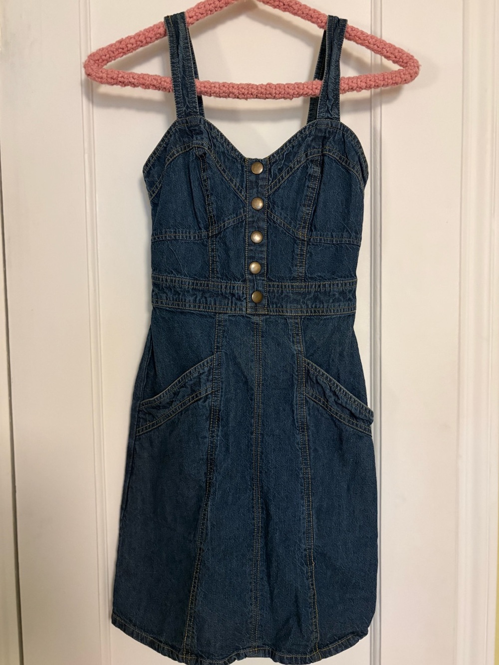 Japna Denim Button-Front Mini Dress Sweetheart Neck with Pockets XS